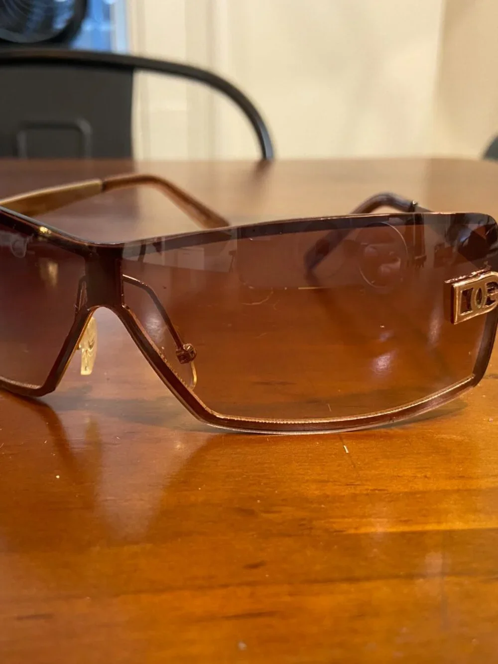 Dolce & Gabbana D&G Y2K Rimless Shield Sunglasses Gold Logo Brown Gradient